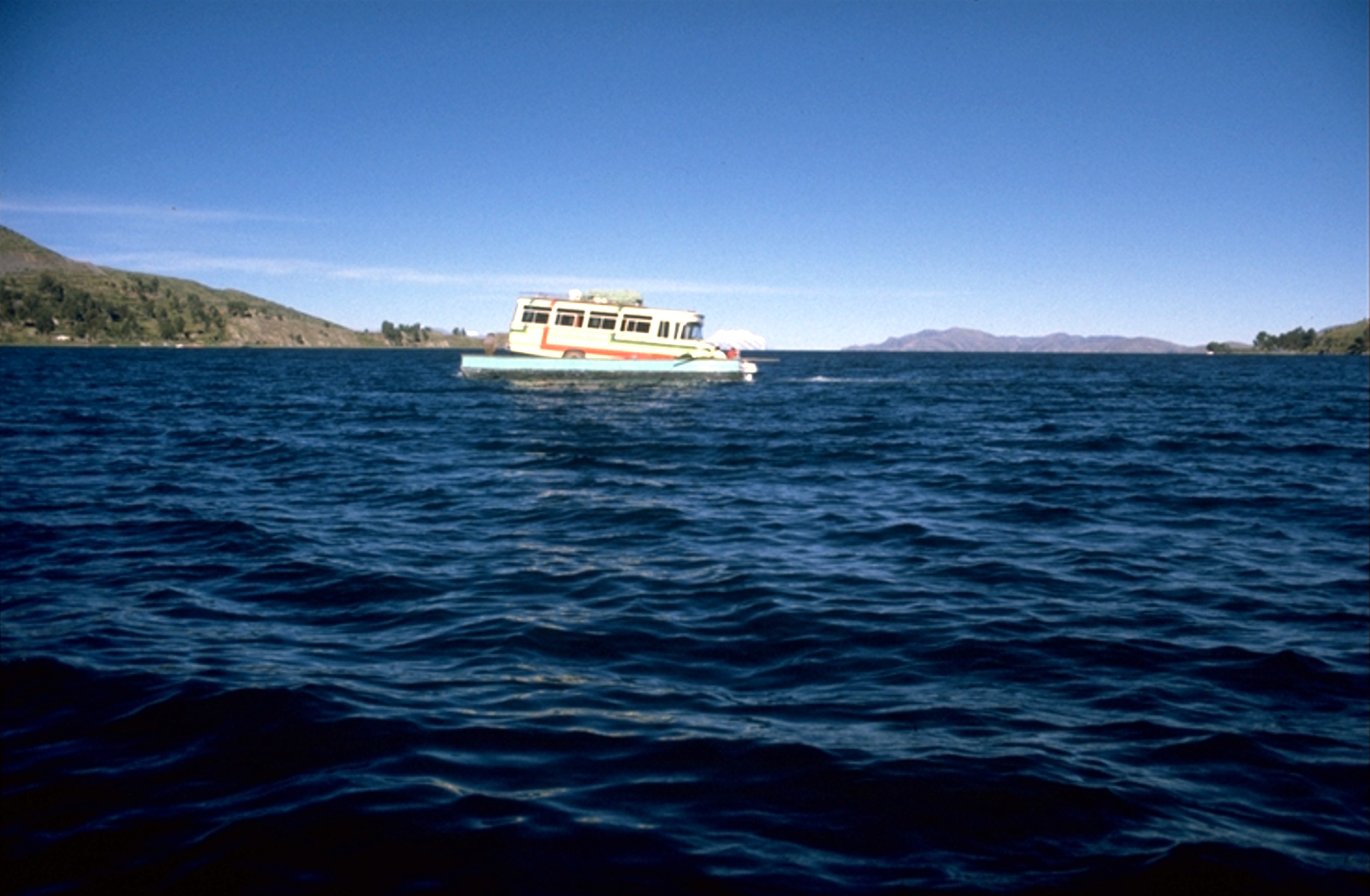 bus on ferry Lake Titicaca 1980